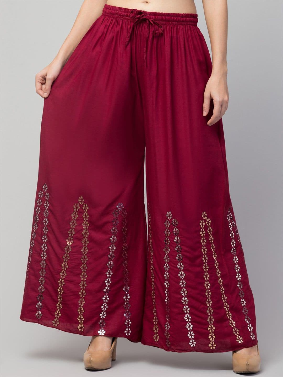 FAMBEE Women Floral Embroidered Flared Knitted Palazzos - view 1