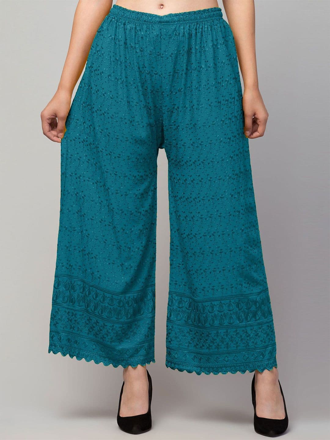 FAMBEE Women Floral Embroidered Flared Knitted Palazzos - view 1