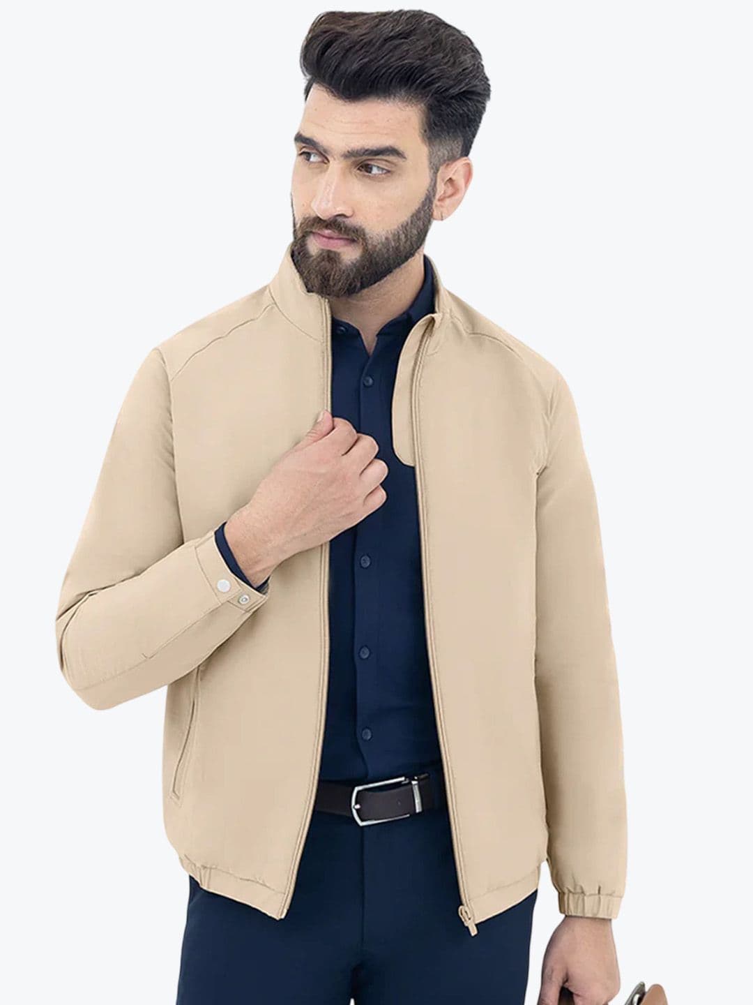 Harfun Men Mock Collar Solid Casual Water Resistant Bomber Jacket - view 1