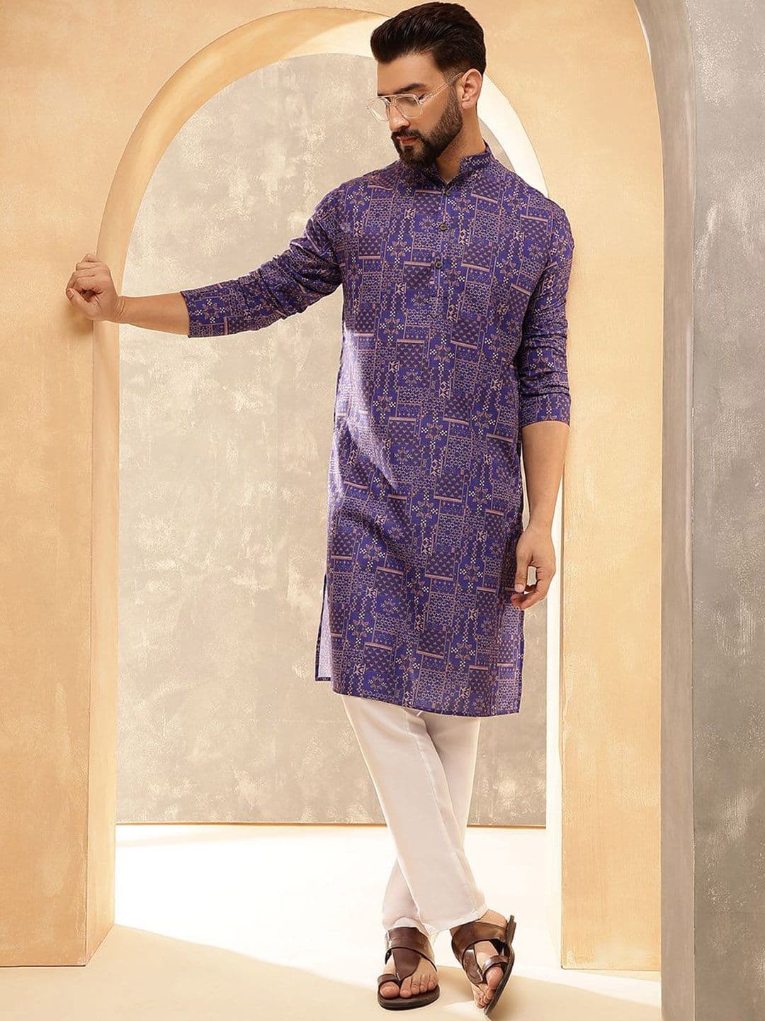 SOJANYA Ethnic Motifs Printed Band Collar Cotton Linen Straight Kurta - view 1