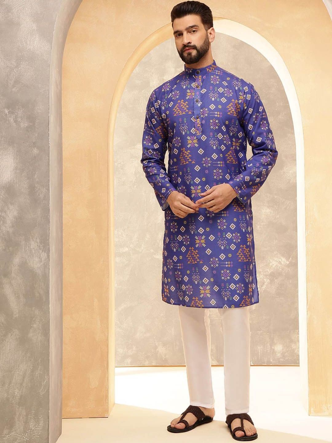 SOJANYA Ethnic Motifs Printed Band Collar Cotton Linen Straight Kurta - view 1
