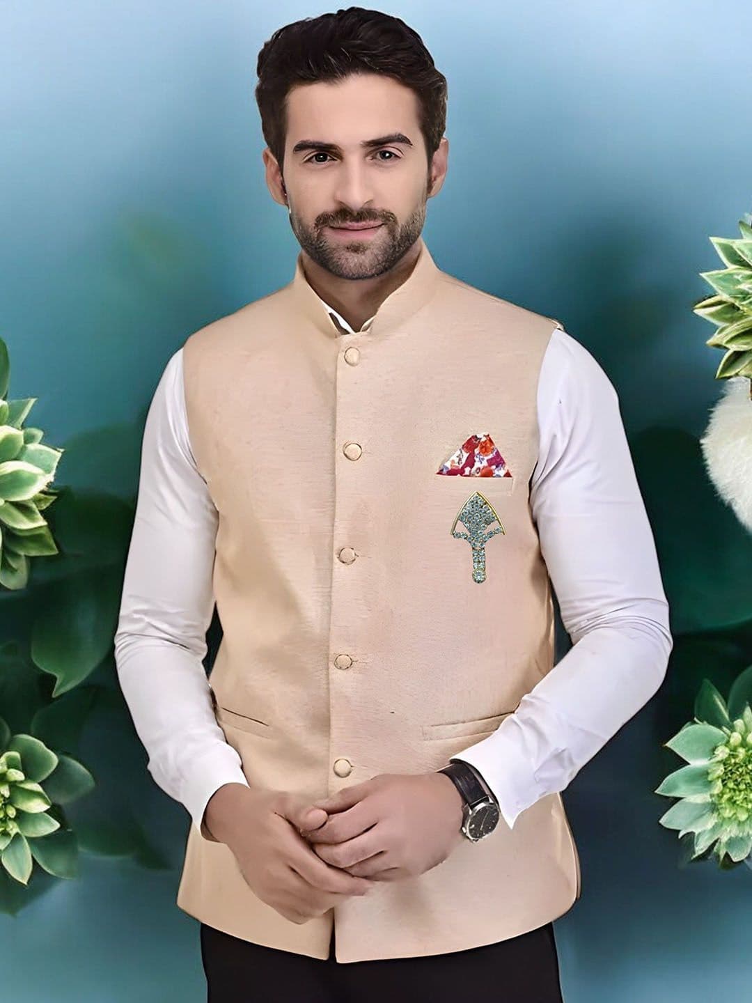 Eliq Woven Design Jute Cotton Nehru Jacket - view 1