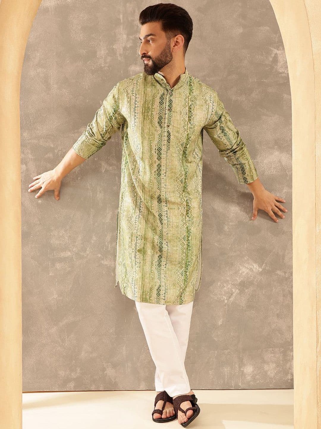 SOJANYA Ethnic Motifs Printed Band Collar Cotton Silk Straight Kurta - view 1