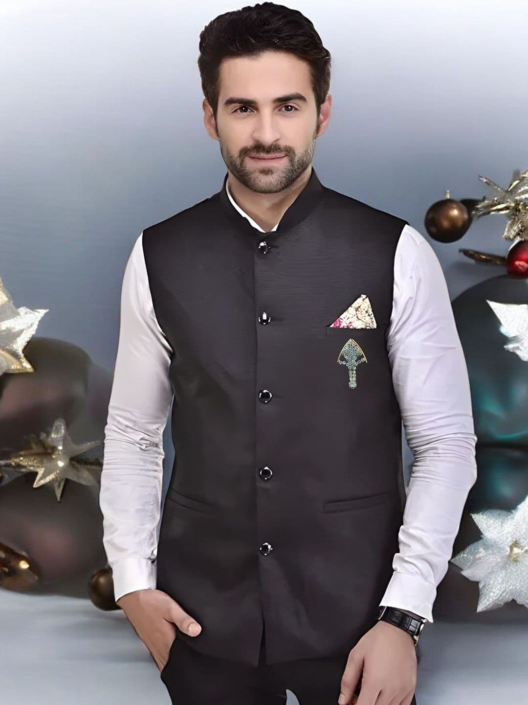 Eliq Jute Cotton Mandarin Collar Nehru Jacket with Brooch - view 1