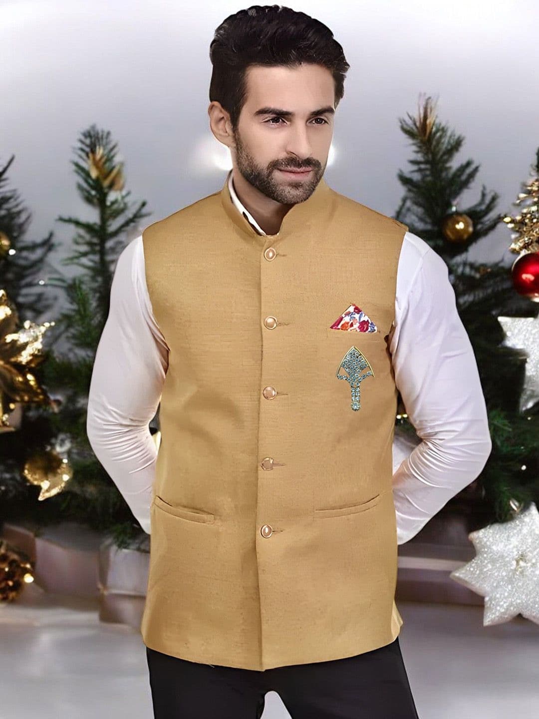 Eliq Woven Design Jute Cotton Nehru Jacket - view 1
