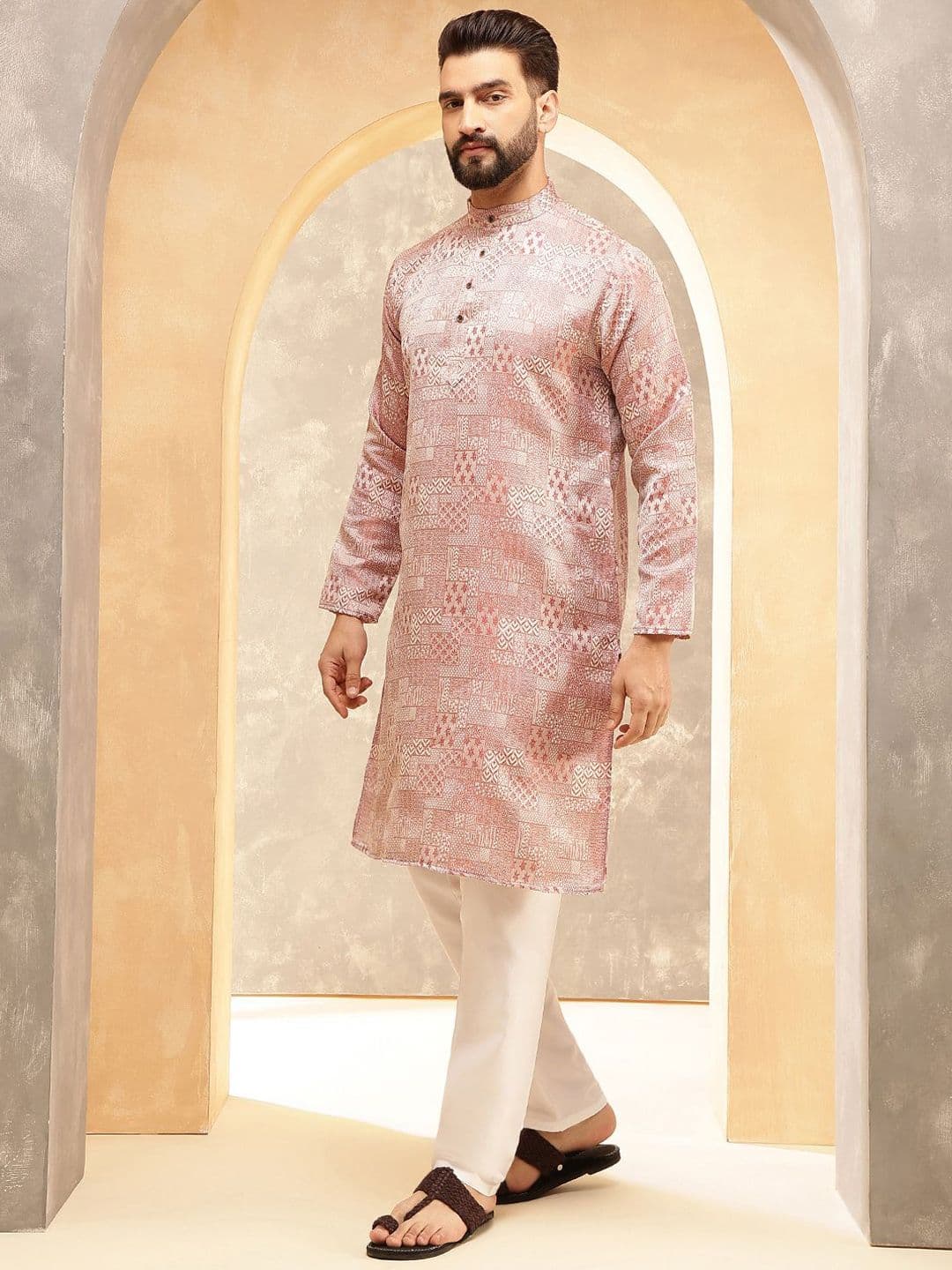 SOJANYA Ethnic Motifs Printed Band Collar Jacquard Silk Straight Kurta - view 1