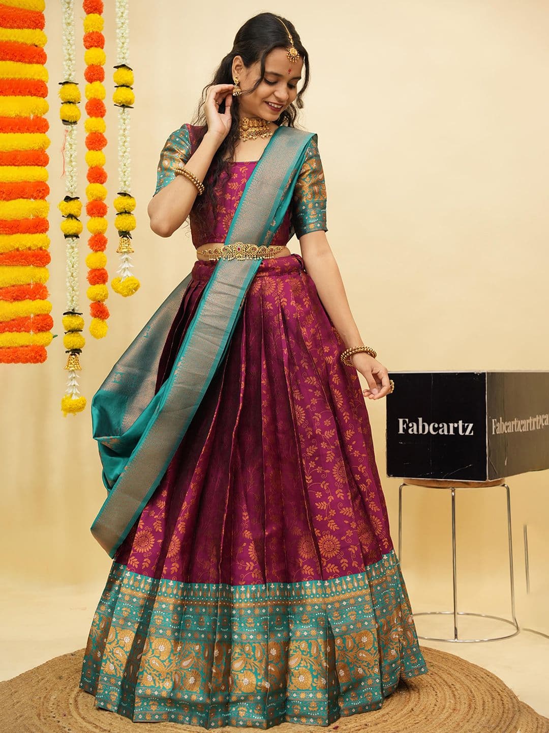 Fabcartz Woven Design Zari Semi-Stitched Lehenga & Unstitched Blouse With Dupatta - view 1