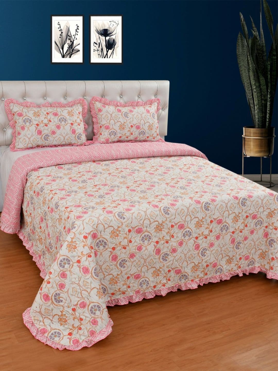 BREVARD Off-White and Pink Floral Printed Glace Cotton Quilted BedCover & 2 Pillow Covers - view 1