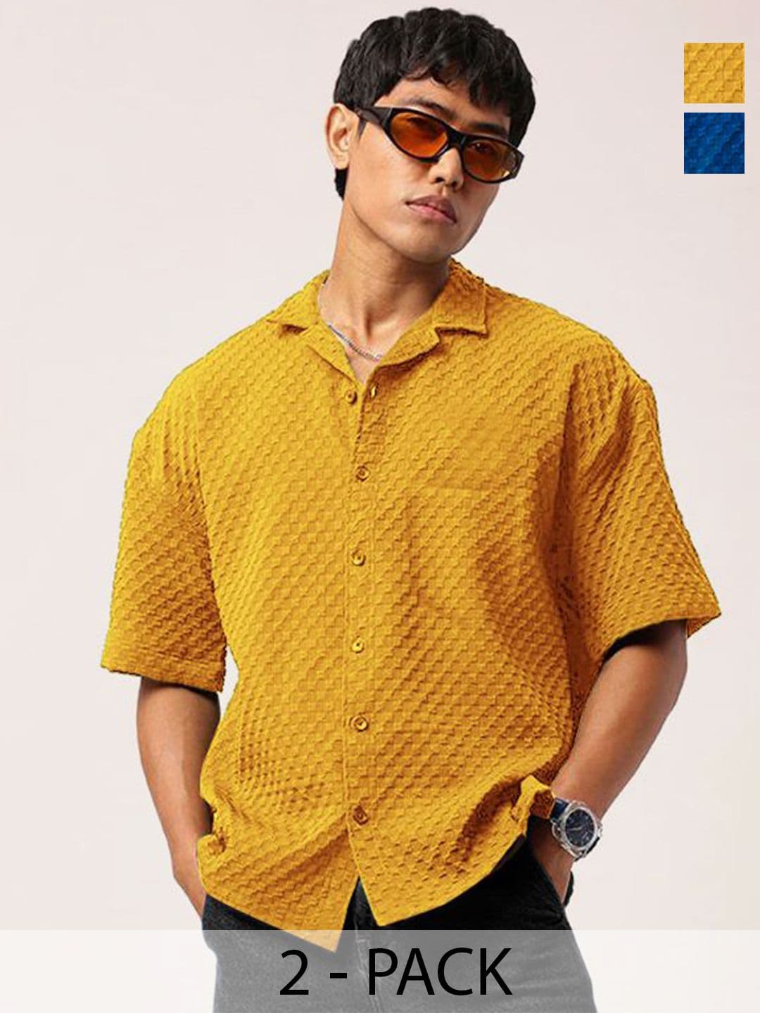 SZN Men Pack Of 2 Standard Relaxed Fit Cuban Collar Textured Casual Shirts