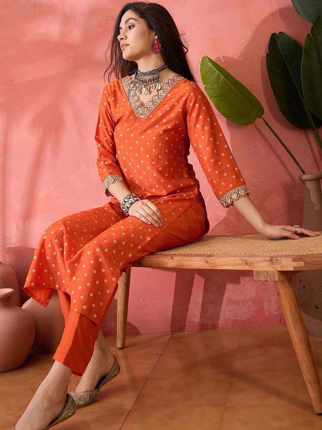 Sangria Orange Floral Printed Silk Blend V-Neck Straight Kurta With Trousers - view 1