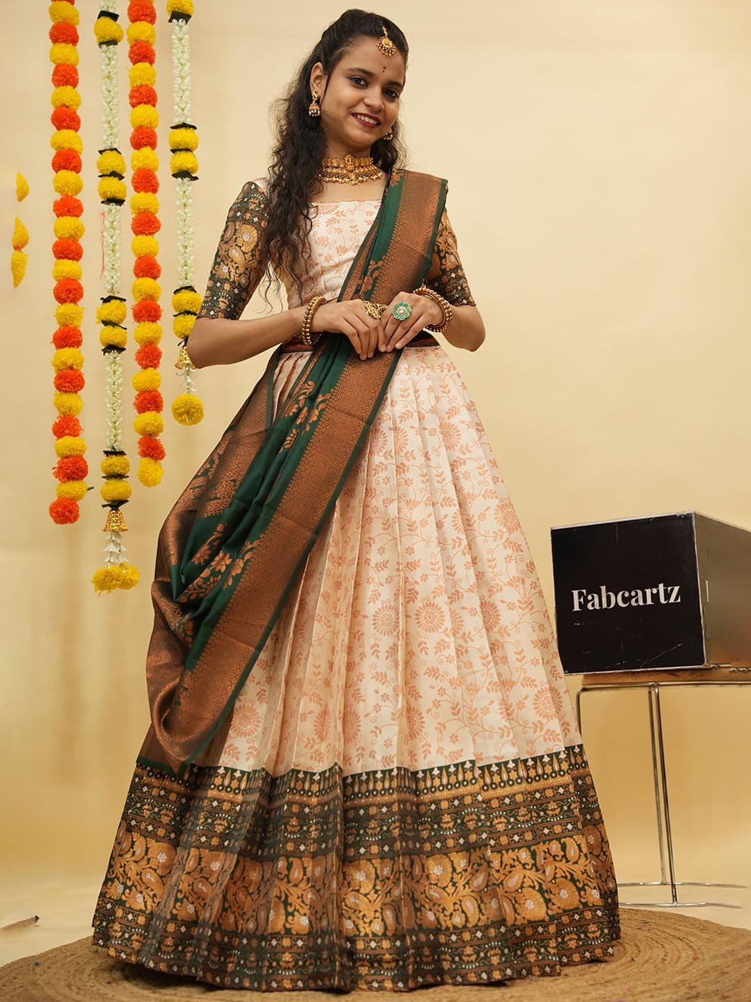 Fabcartz Woven Design Zari Semi-Stitched Lehenga & Unstitched Blouse With Dupatta - view 1