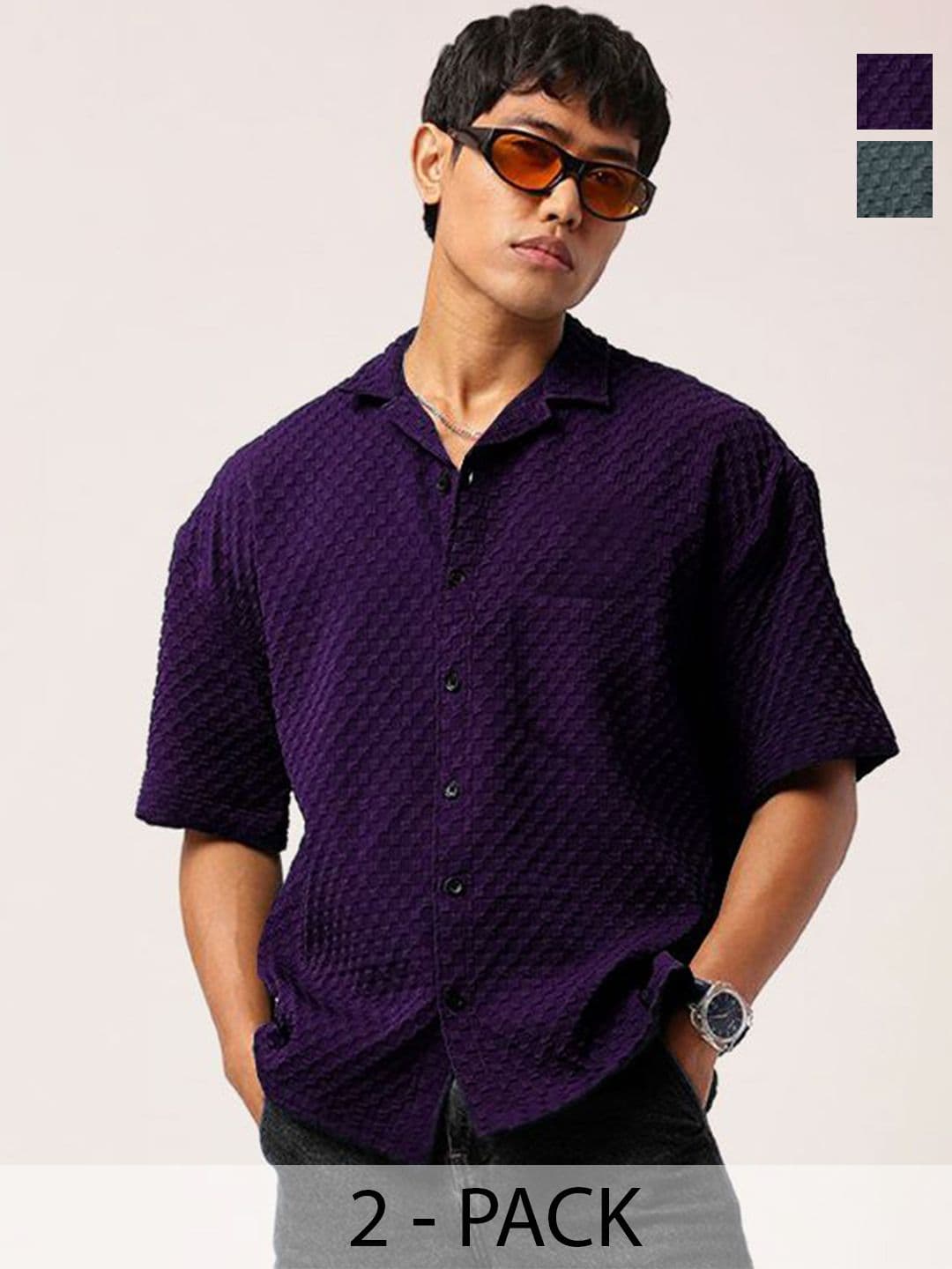 SZN Men Pack Of 2 Standard Relaxed Fit Cuban Collar Textured Casual Shirts