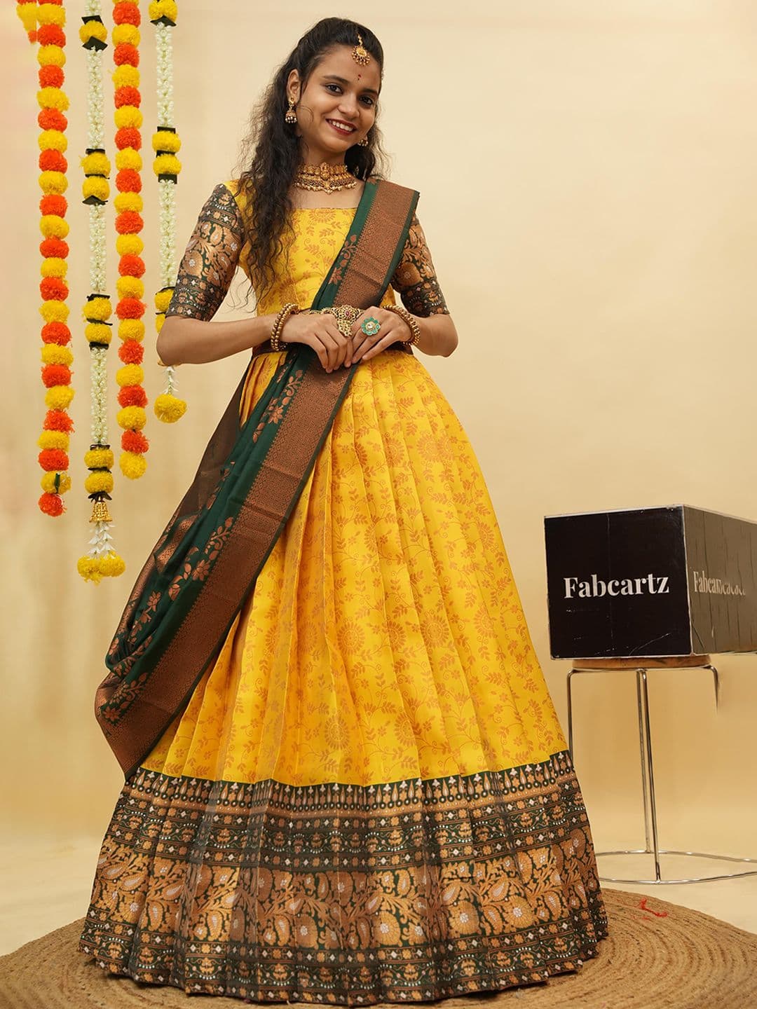 Fabcartz Woven Design Zari Semi-Stitched Lehenga & Unstitched Blouse With Dupatta - view 1