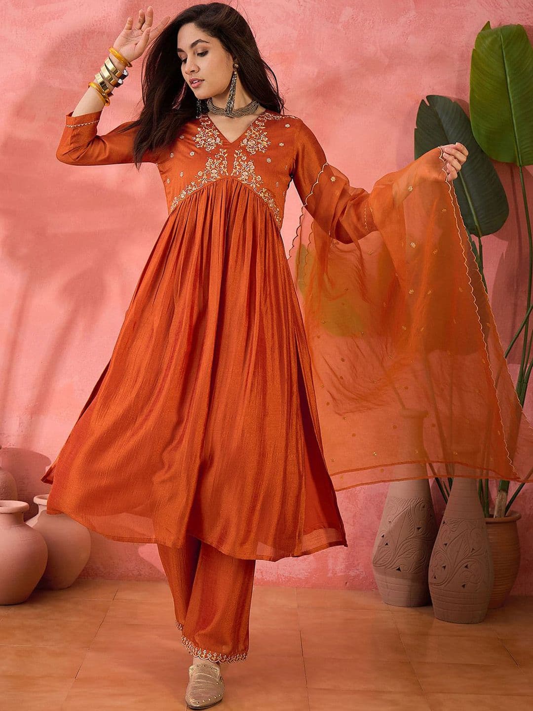 Sangria Orange Floral Embroidered V-Neck A-Line Kurta With Trousers And Dupatta - view 1