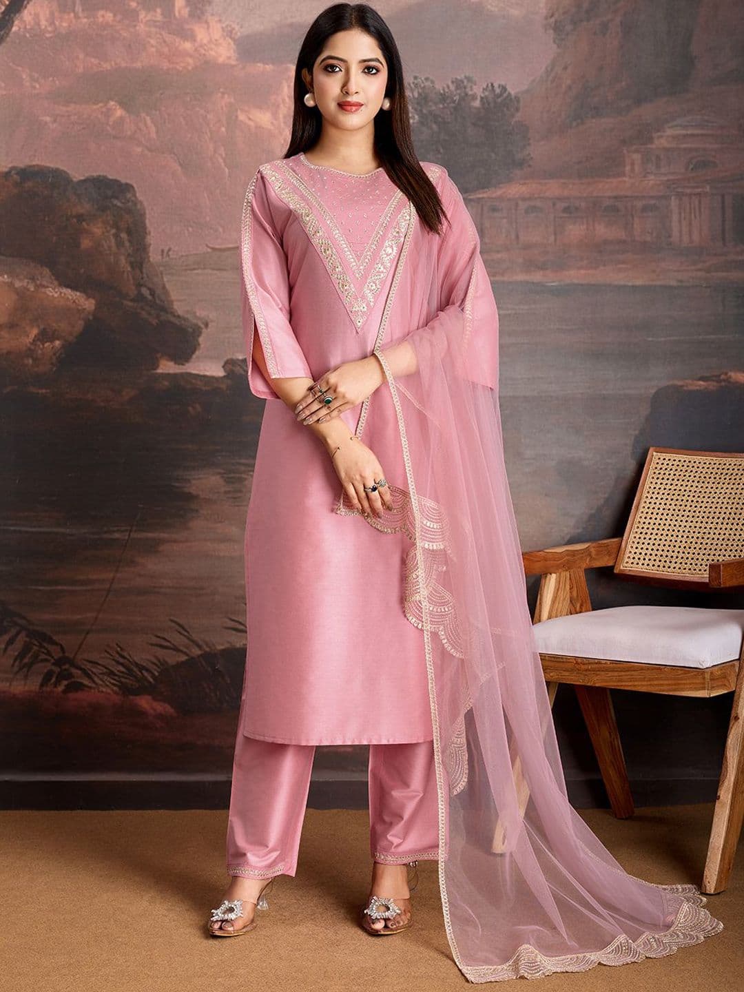 House of Pataudi Embroidered Yoke Kurta & Trousers with Net Dupatta - view 1