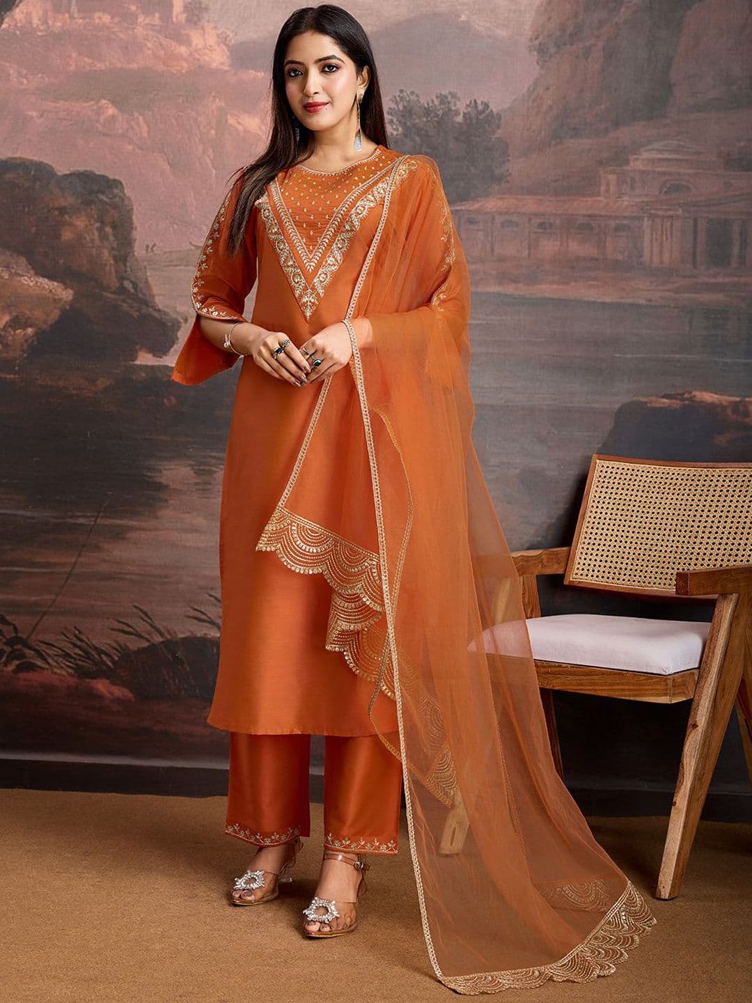 House of Pataudi Embroidered Kurta & Trousers With Net Dupatta Set - view 1