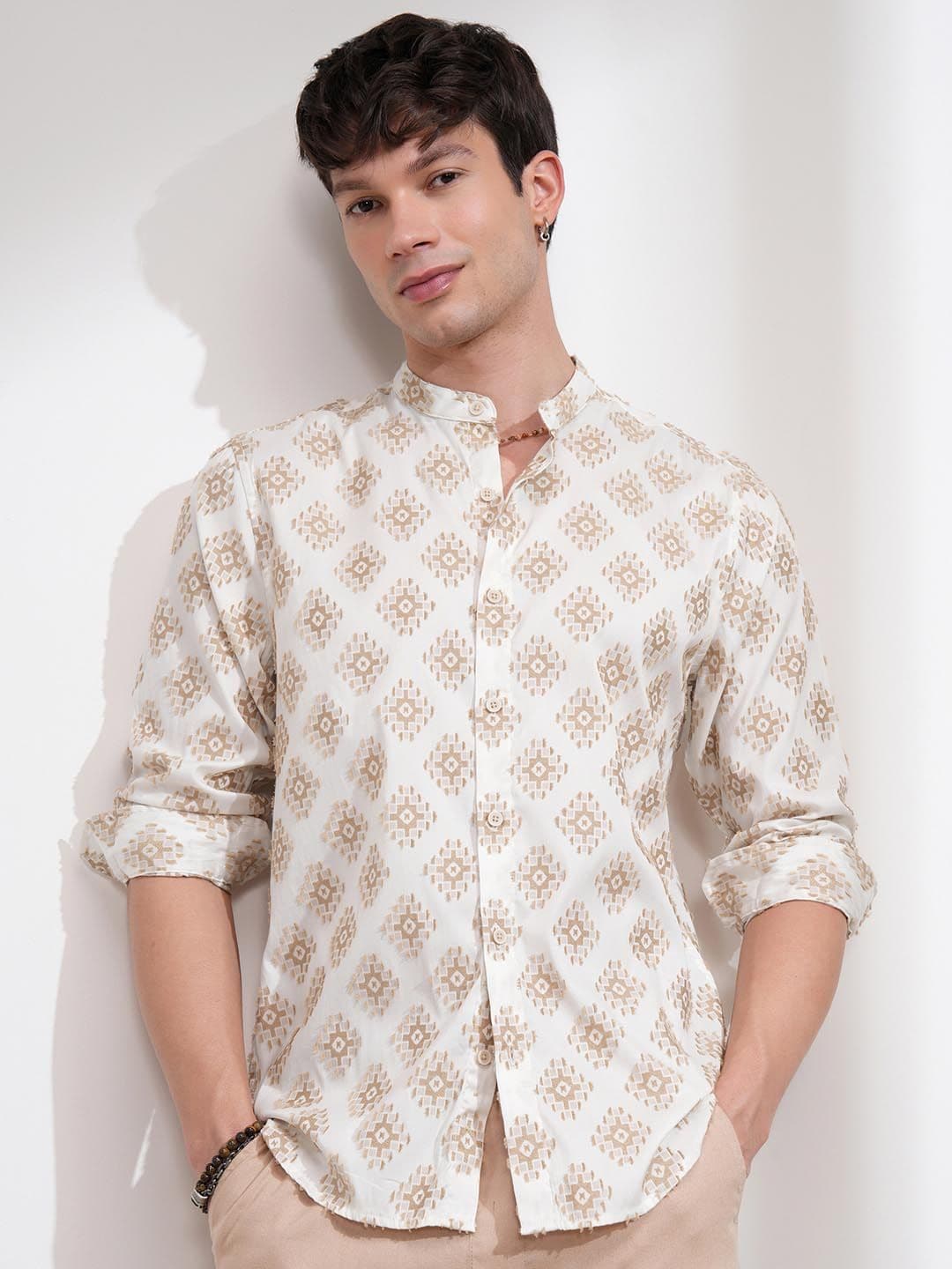 HIGHLANDER Men Geometric Jacquard Mandrin Collar Shirt - view 1