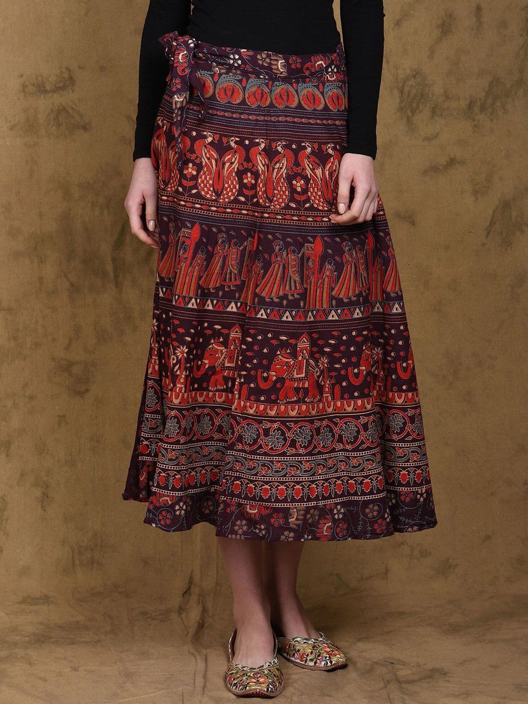 Exotic India Wrap Around Midi Skirt with Printed Procession - view 1