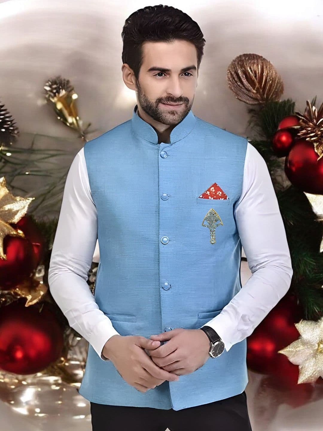 Eliq Jute Cotton Mandarin Collar Nehru Jacket with Brooch - view 1