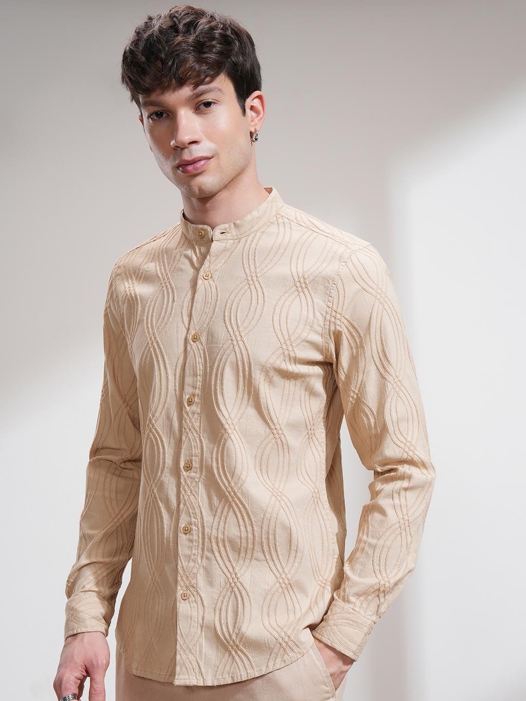 Highlander Men Beige Jacquard Embroidered Casual Shiet - view 1