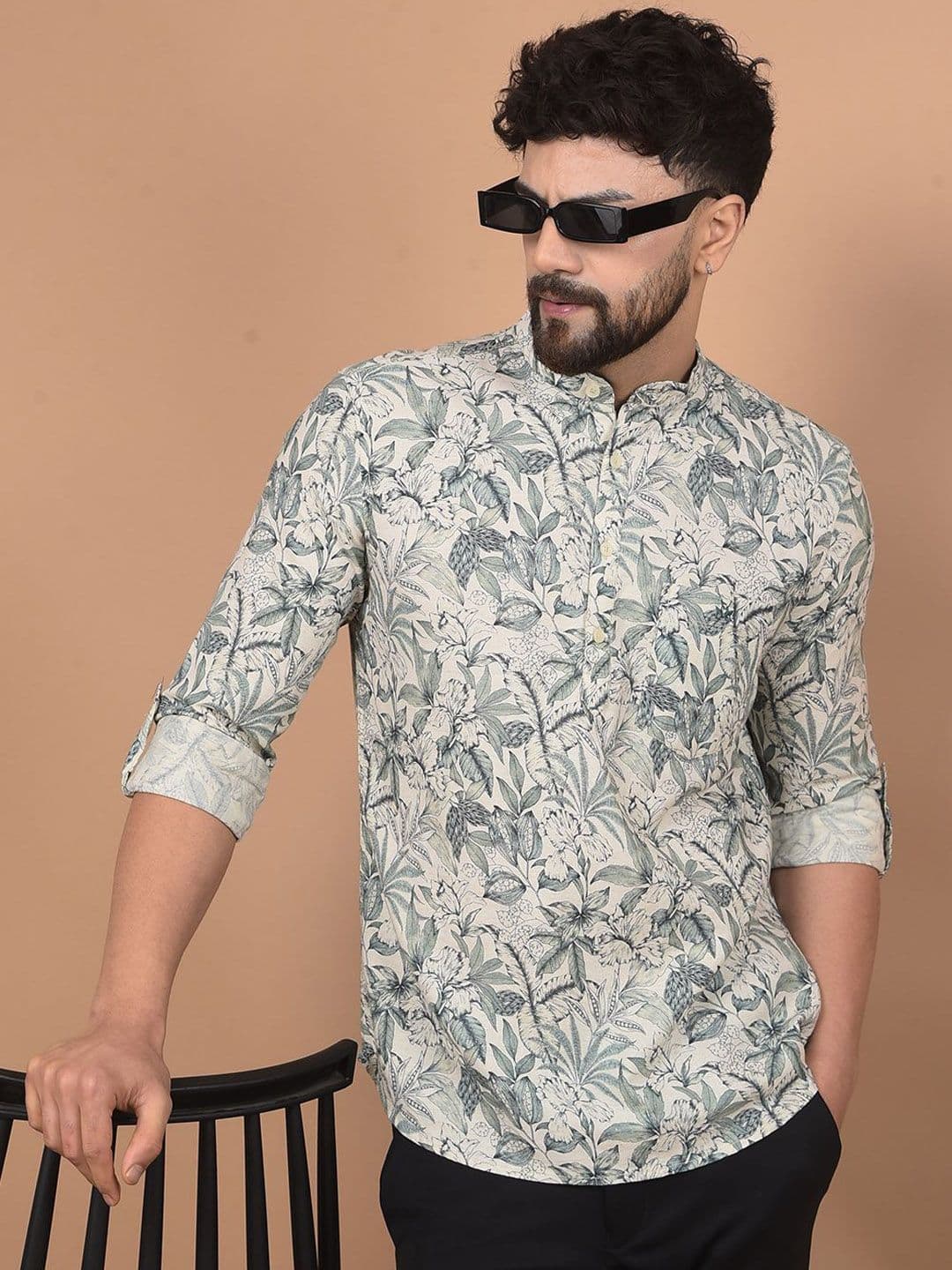 Crimsoune Club Floral Printed Mandarin Collar Linen Short Kurta - view 1