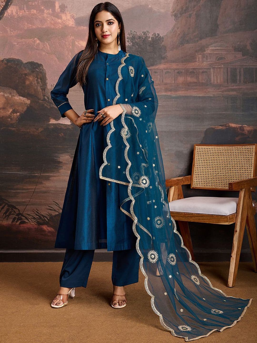 House of Pataudi A-Line Kurta & Trousers With Embroidered Net Dupatta Set - view 1