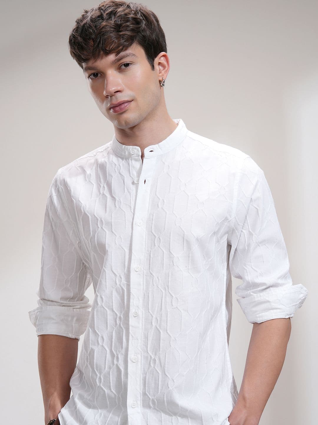 Highlander Men White Jacquard Textured Relaxed Shirt - view 1