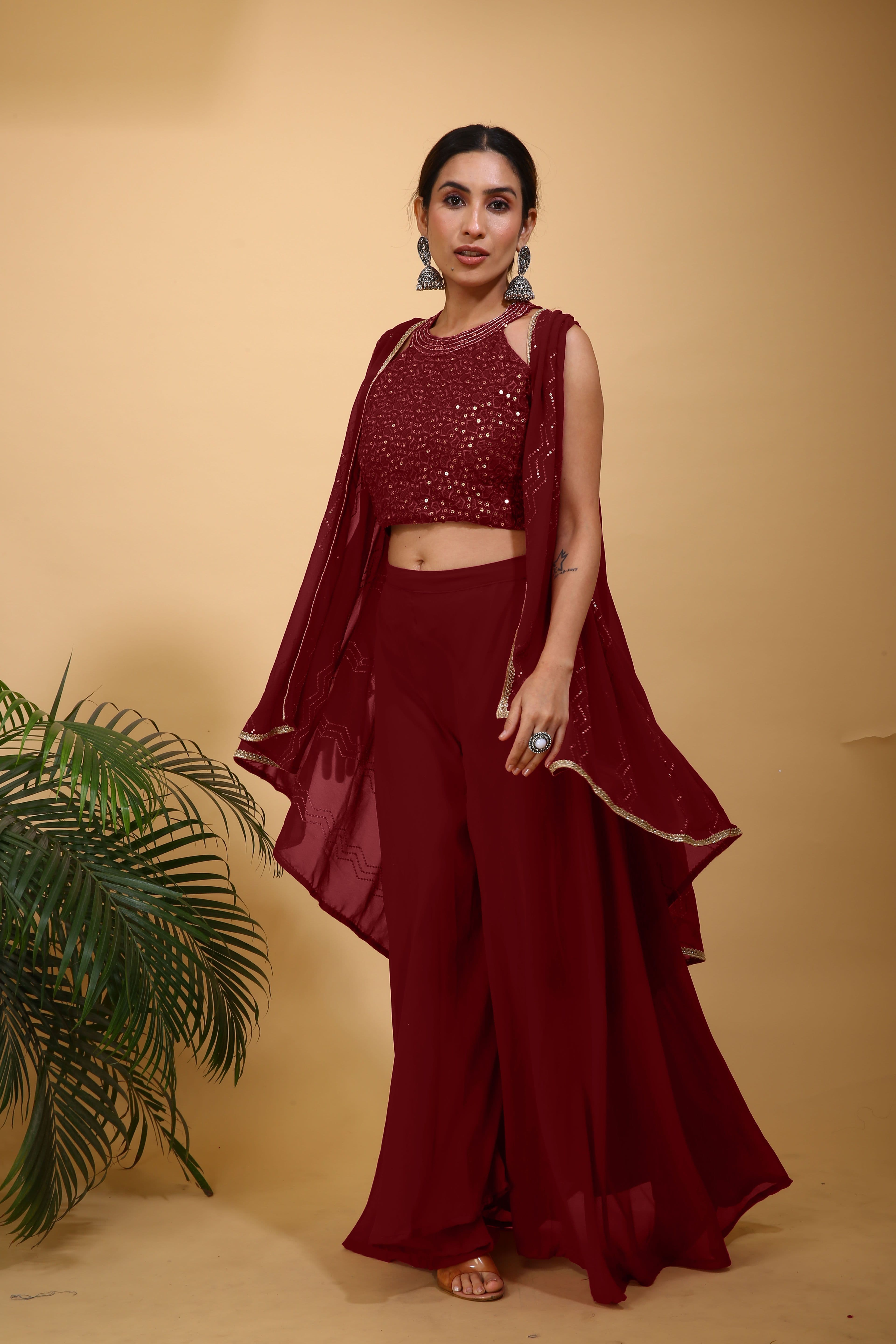 SANCIA Embroidered Halter Neck Crop Top with Palazzos & Dupatta - view 1