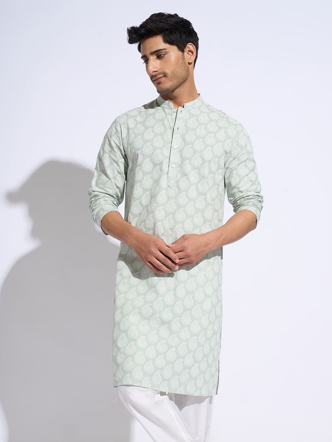 indus route by Pantaloons Paisley Printed Mandarin Collar Pure Cotton Straight Kurta - view 1