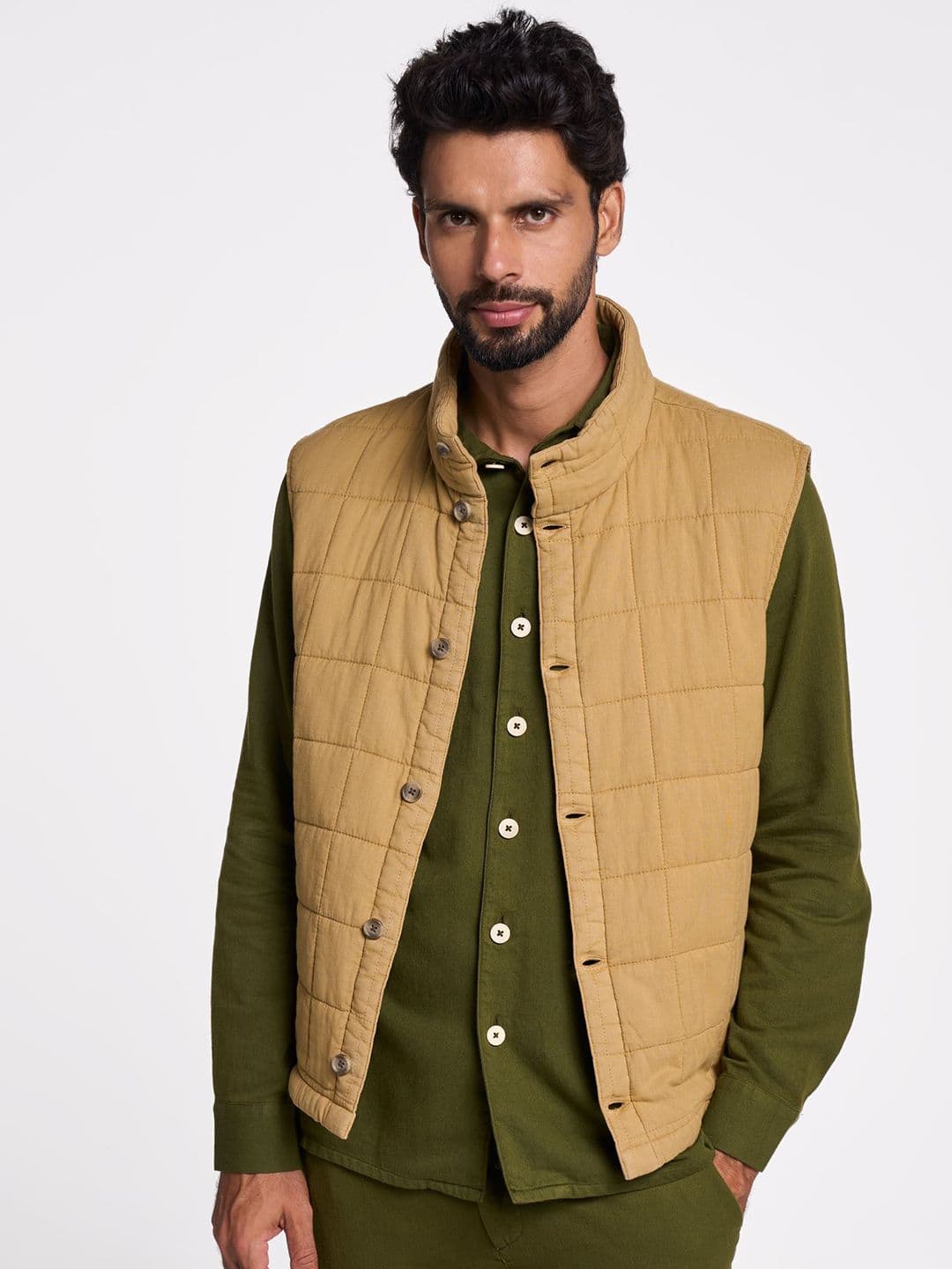 Terra Luna Men Mandarin Collar Checked Cotton Casual Gilet Jacket - view 1