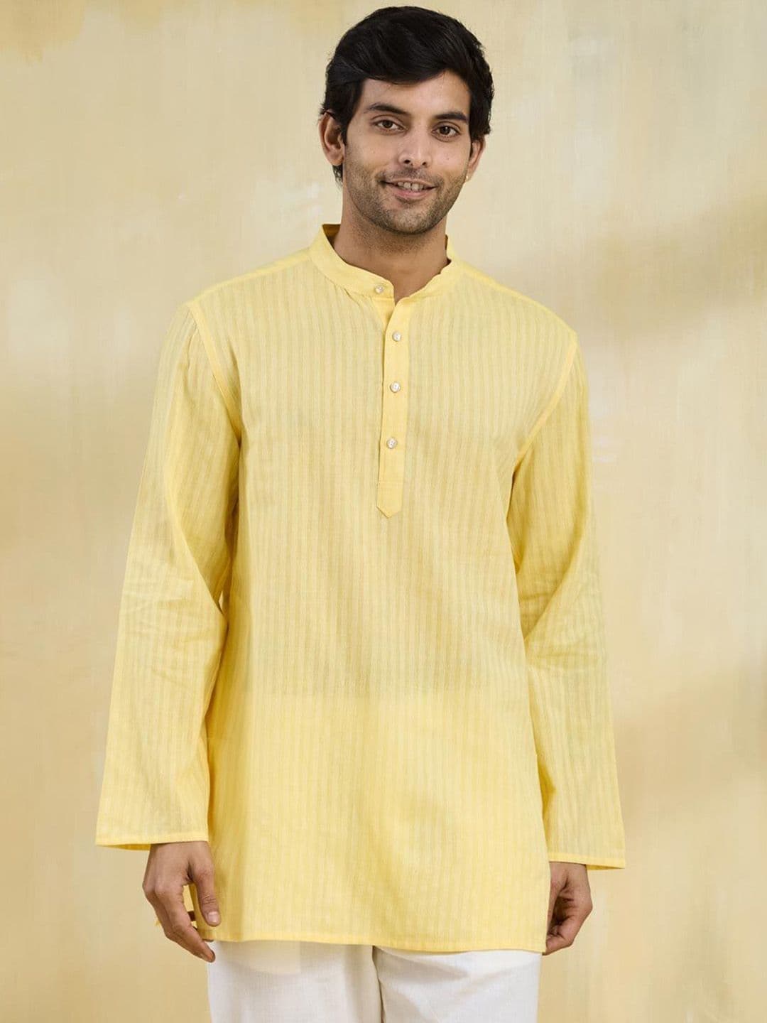Fabindia Men Striped Band Collar Cotton Straight Kurta - view 1