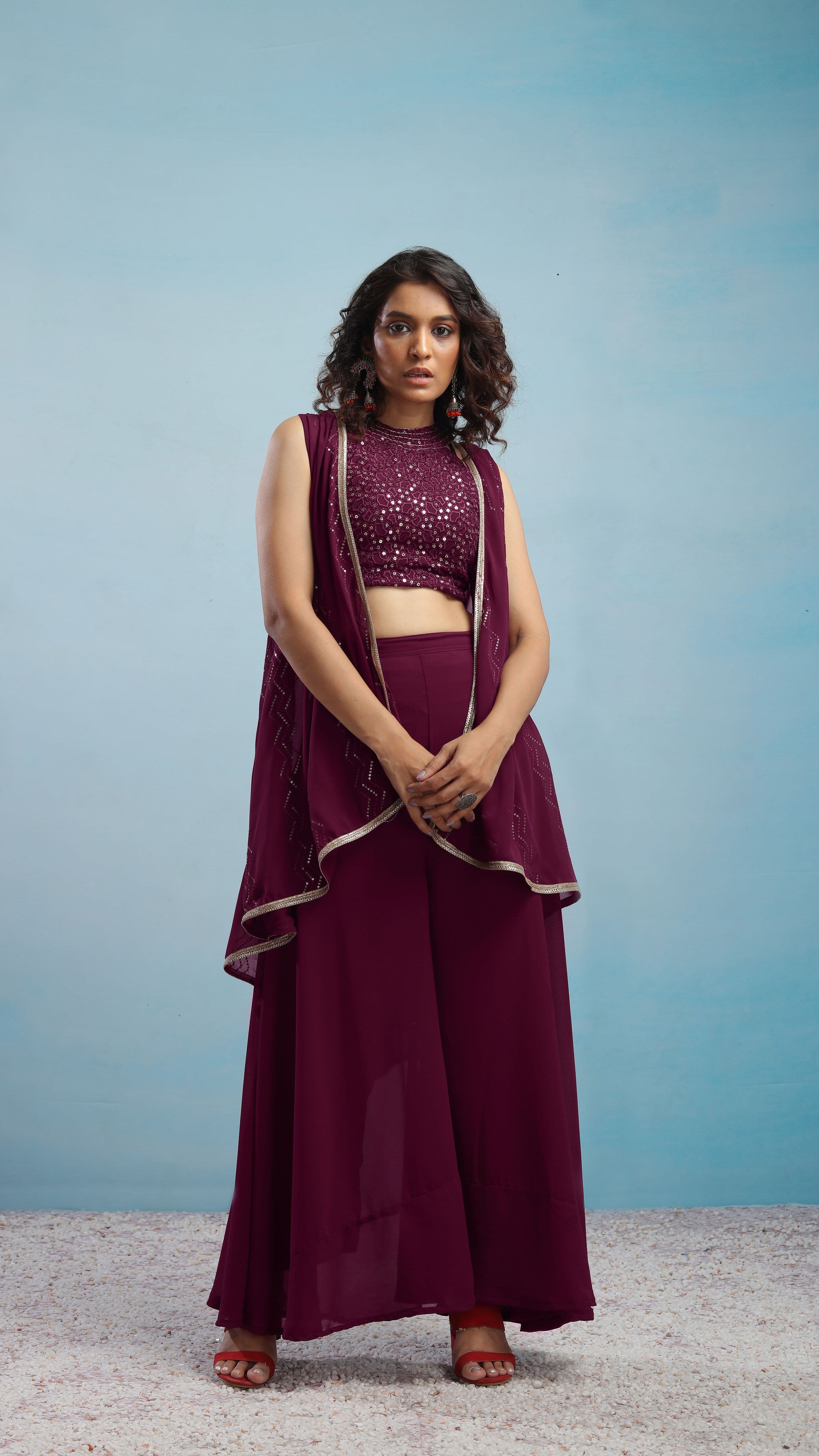 SANCIA Embroidered Halter Neck Crop Top with Palazzos & Dupatta - view 1