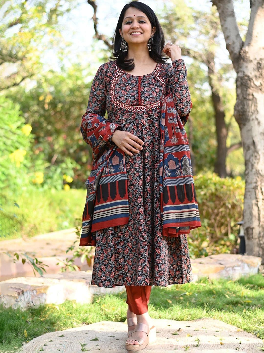 Dholkee Floral Printed Pure Cotton A-Line Kurta With Trousers And Dupatta - view 1