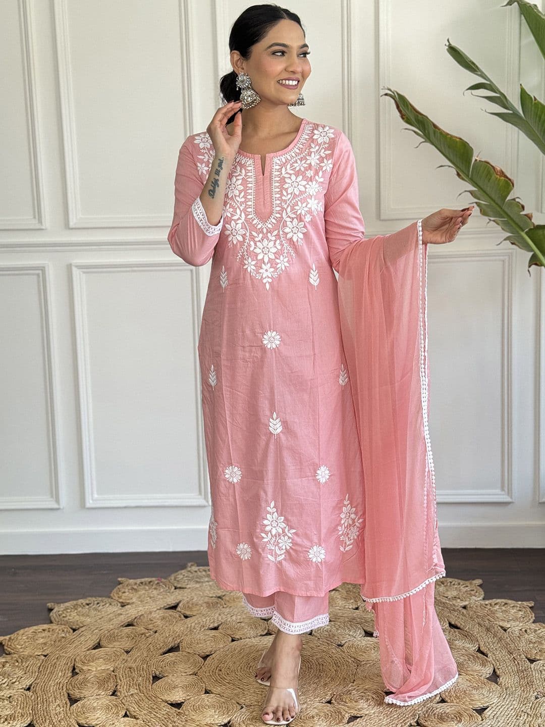 KALINI Floral Embroidered Pure Cotton Chikankari Straight Kurta With Trousers And Dupatta - view 1
