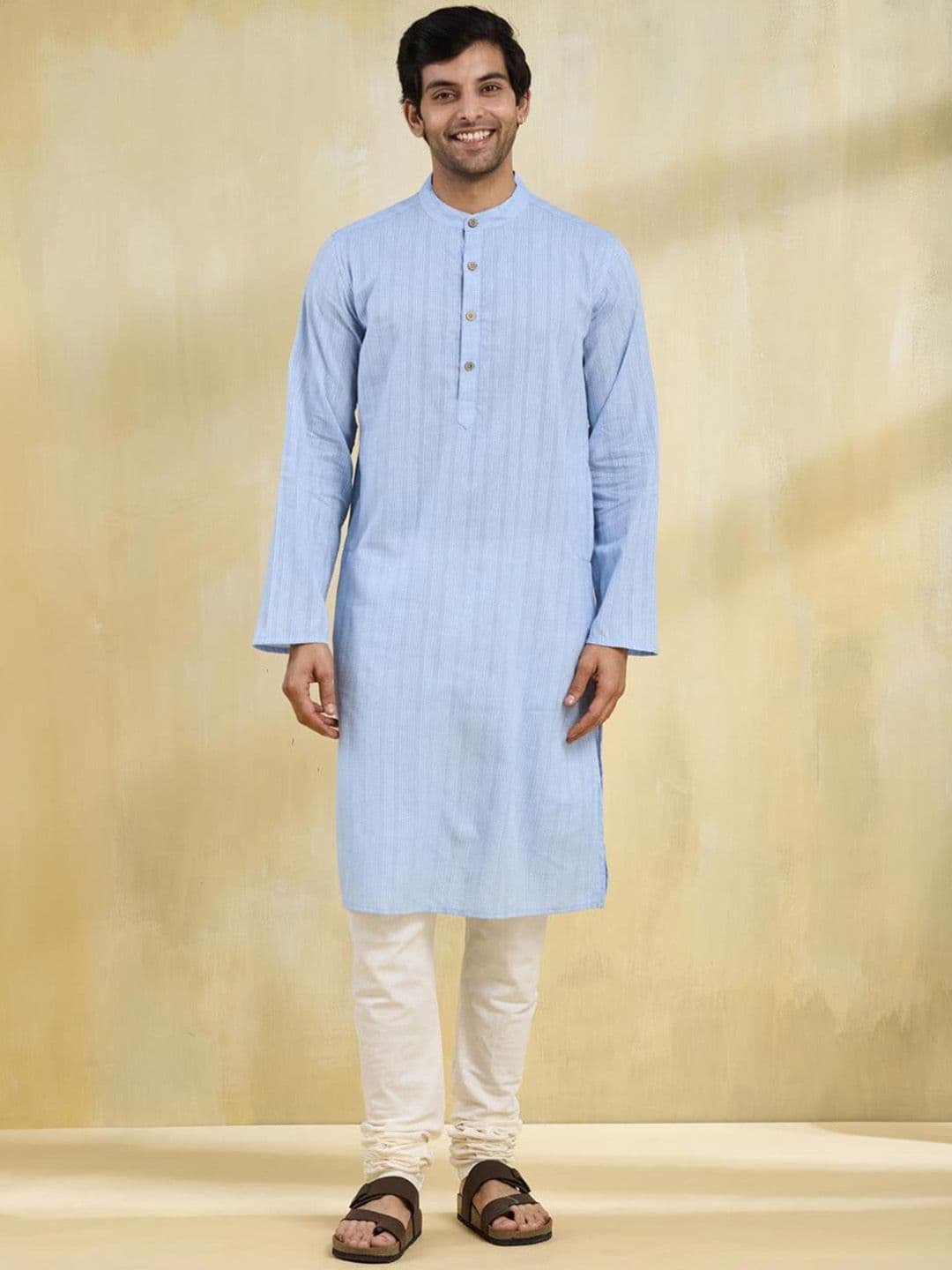 Fabindia Men Striped Thraed Work Band Collar Cotton Straight Kurta - view 1