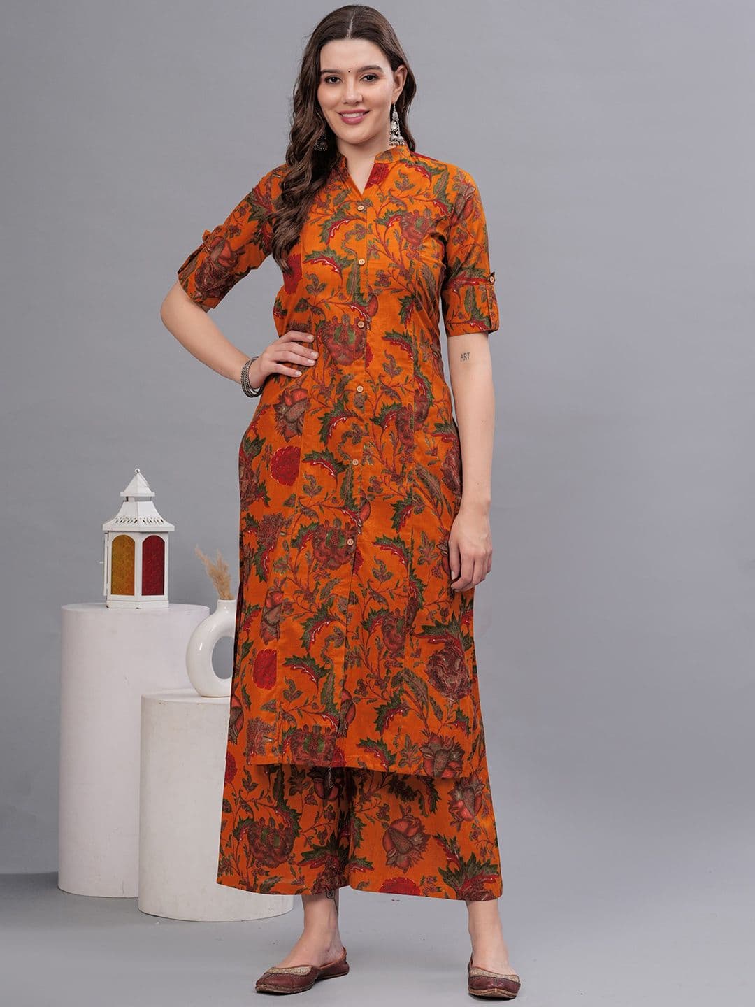 NYPA Floral Printed Mandarin Collar Pure Cotton A-Line Kurta With Palazzos - view 1