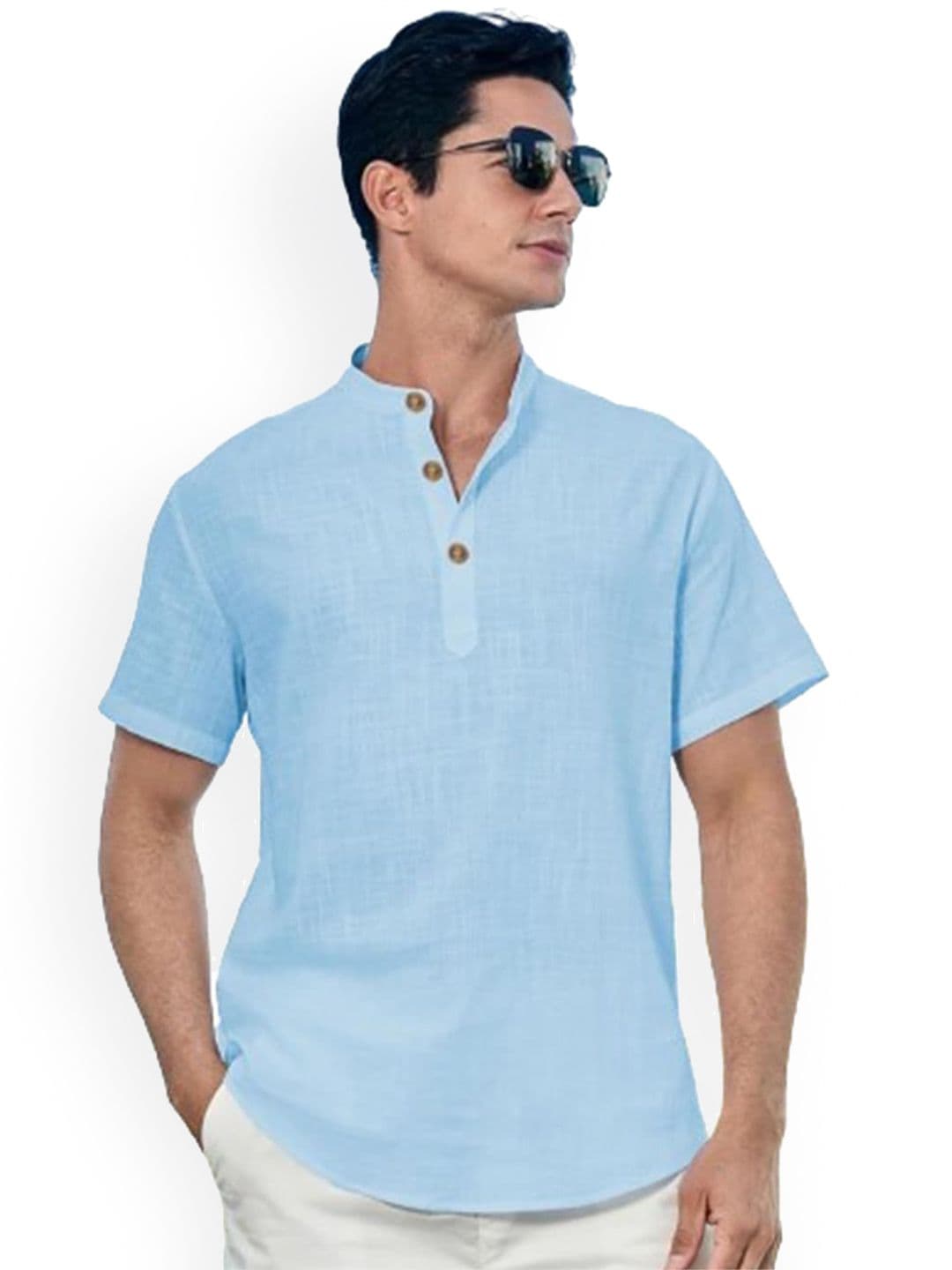 Vida Loca Half Sleeves Band Collar Cotton Straight Slim Fit Short Kurta - view 1