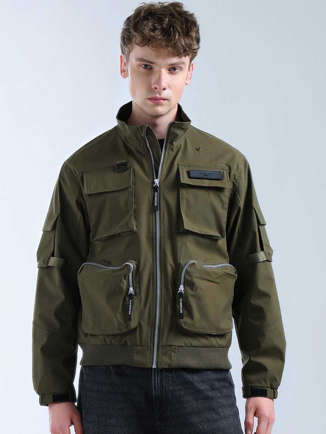 Flying Machine Men Mock Collar Solid Casual Bomber Jacket - view 1