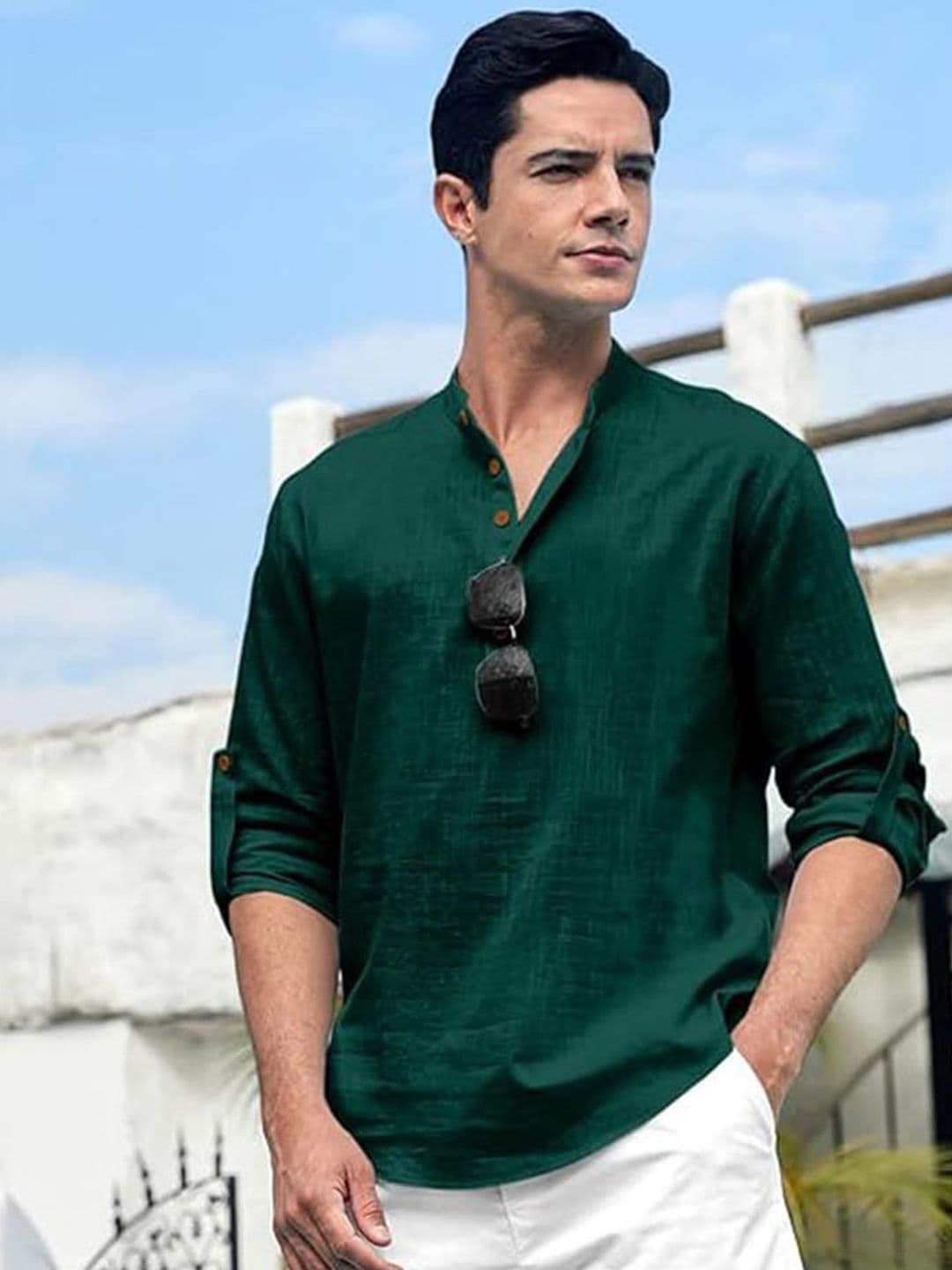 Vida Loca Band Collar Cotton Straight Slim Fit Short Kurta - view 1