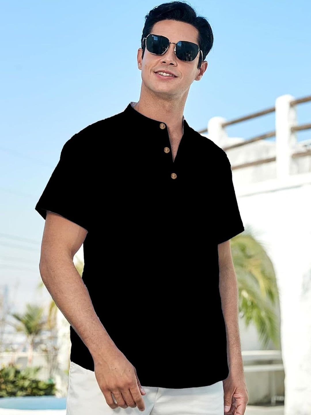 Vida Loca Half Sleeves Band Collar Cotton Straight Slim Fit Short Kurta - view 1