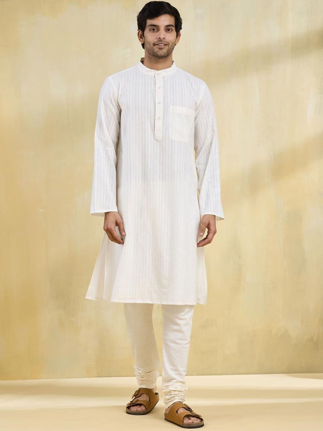 Fabindia Men Striped Band Collar Cotton Straight Republic Day Republic Day Kurta - view 1