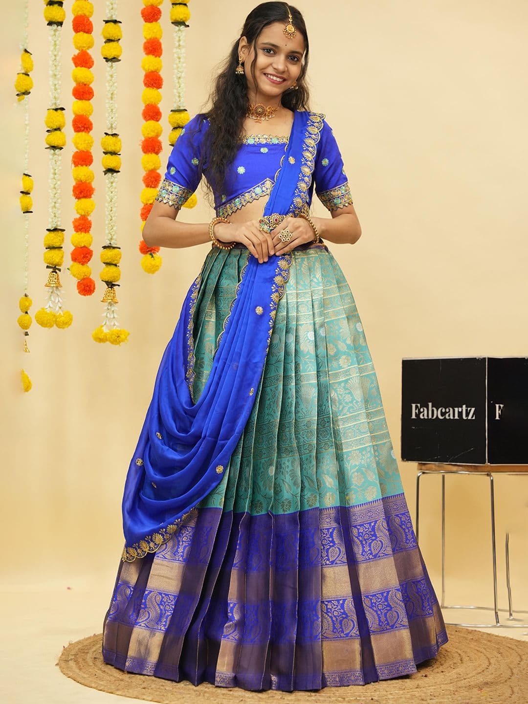 Fabcartz Embellished Thread Work Semi-Stitched Lehenga & Unstitched Blouse With Dupatta - view 1
