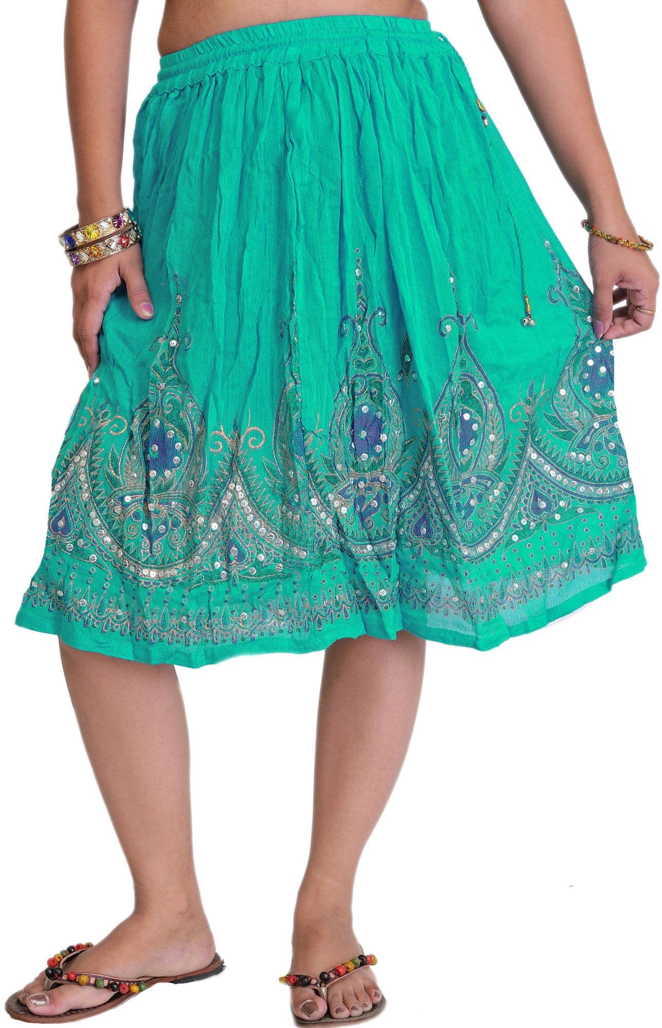 Exotic India Short Skirt with Printed Flowers and Embroidered Sequins (Emerald) - view 1