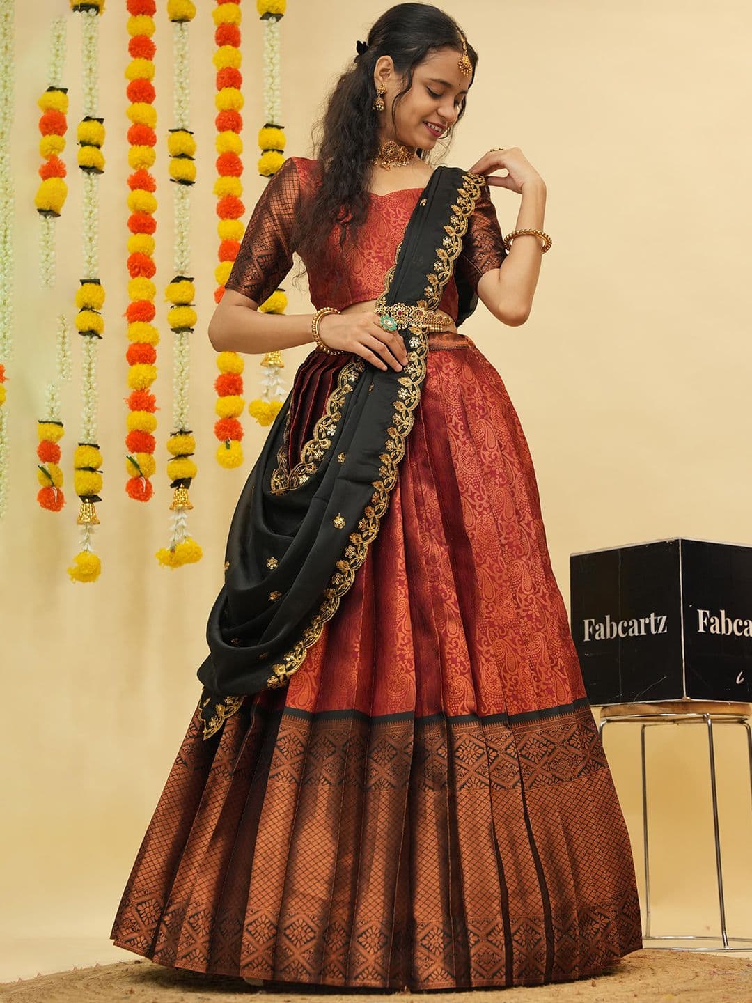 Fabcartz Floral Woven Design Zari Semi-Stitched Lehenga & Unstitched Blouse With Dupatta - view 1