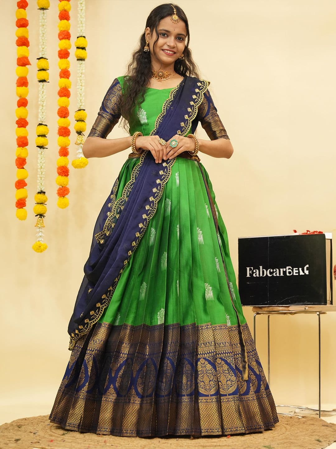 Fabcartz Floral Woven Design Zari Semi-Stitched Lehenga & Unstitched Blouse With Dupatta - view 1