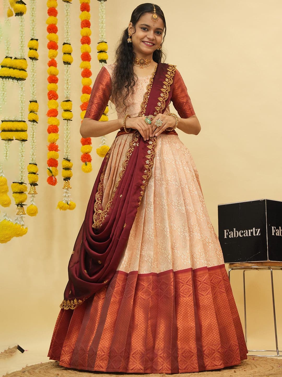 Fabcartz Floral Woven Design Zari Semi-Stitched Lehenga & Unstitched Blouse With Dupatta - view 1