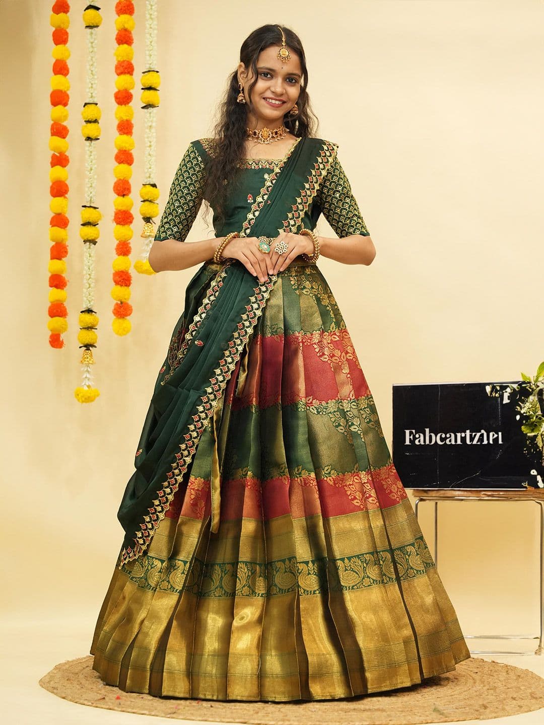 Fabcartz Floral Woven Design Zari Semi-Stitched Lehenga & Unstitched Blouse With Dupatta - view 1