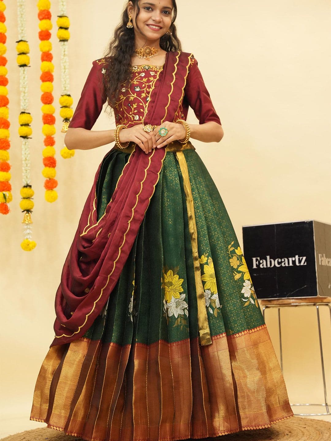 Fabcartz Floral Woven Design Zari Semi-Stitched Lehenga & Unstitched Blouse With Dupatta - view 1