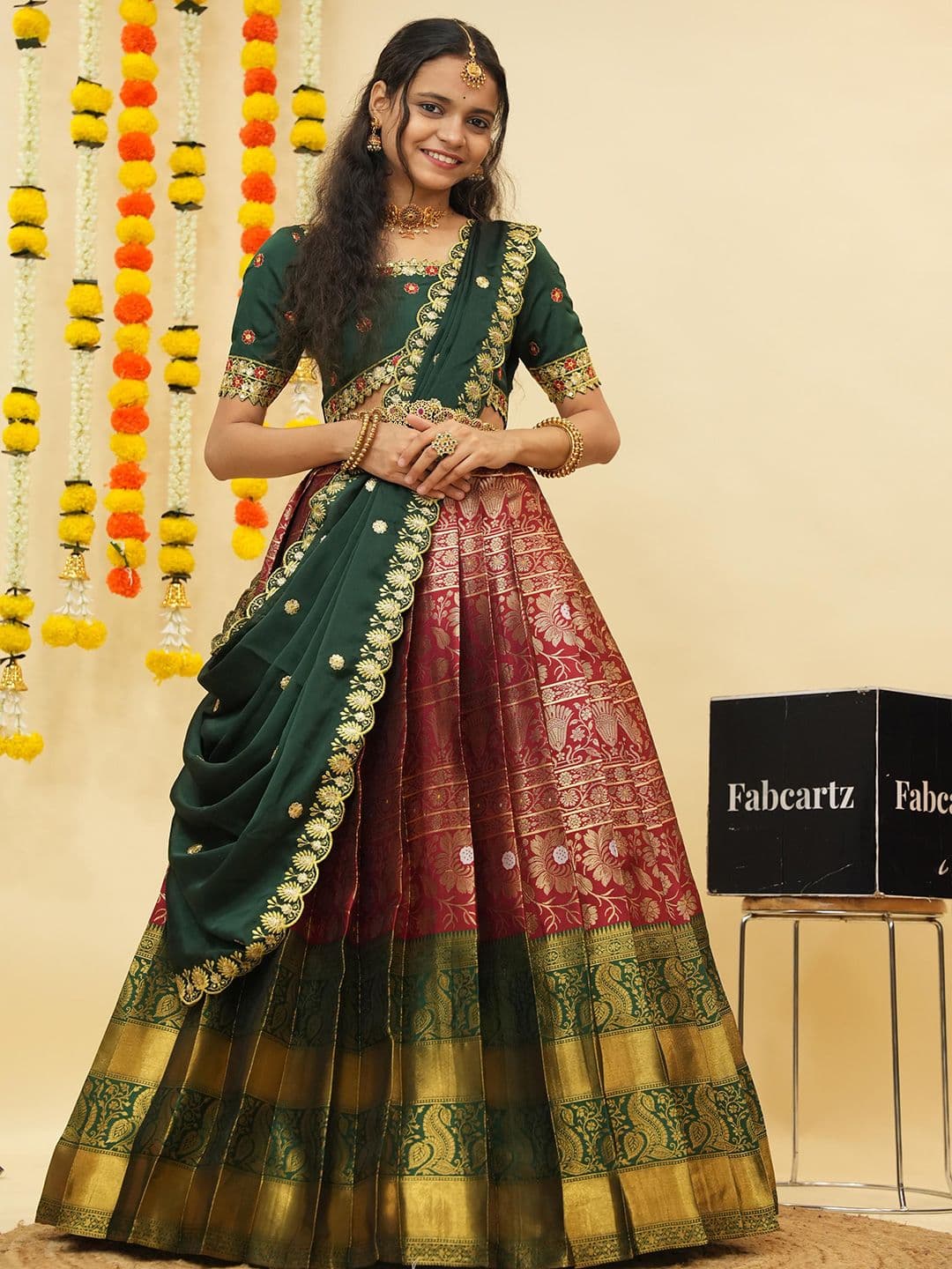 Fabcartz Embroidered Zari Semi-Stitched Lehenga & Unstitched Blouse With Dupatta - view 1
