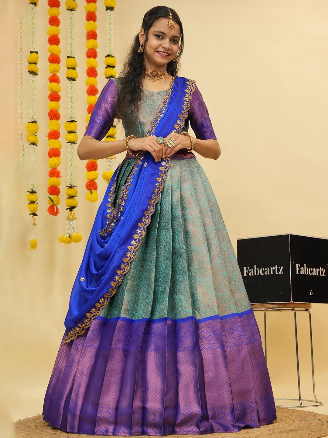 Fabcartz Floral Woven Design Zari Semi-Stitched Lehenga & Unstitched Blouse With Dupatta - view 1